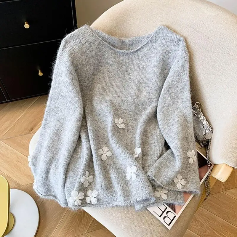 

Женский свитер для повседневной носки на улице, в стиле лоу-эйр, с цветочным узором, вязаный, осенне-зимний, свободного кроя, модный, в корейском стиле, новая коллекция