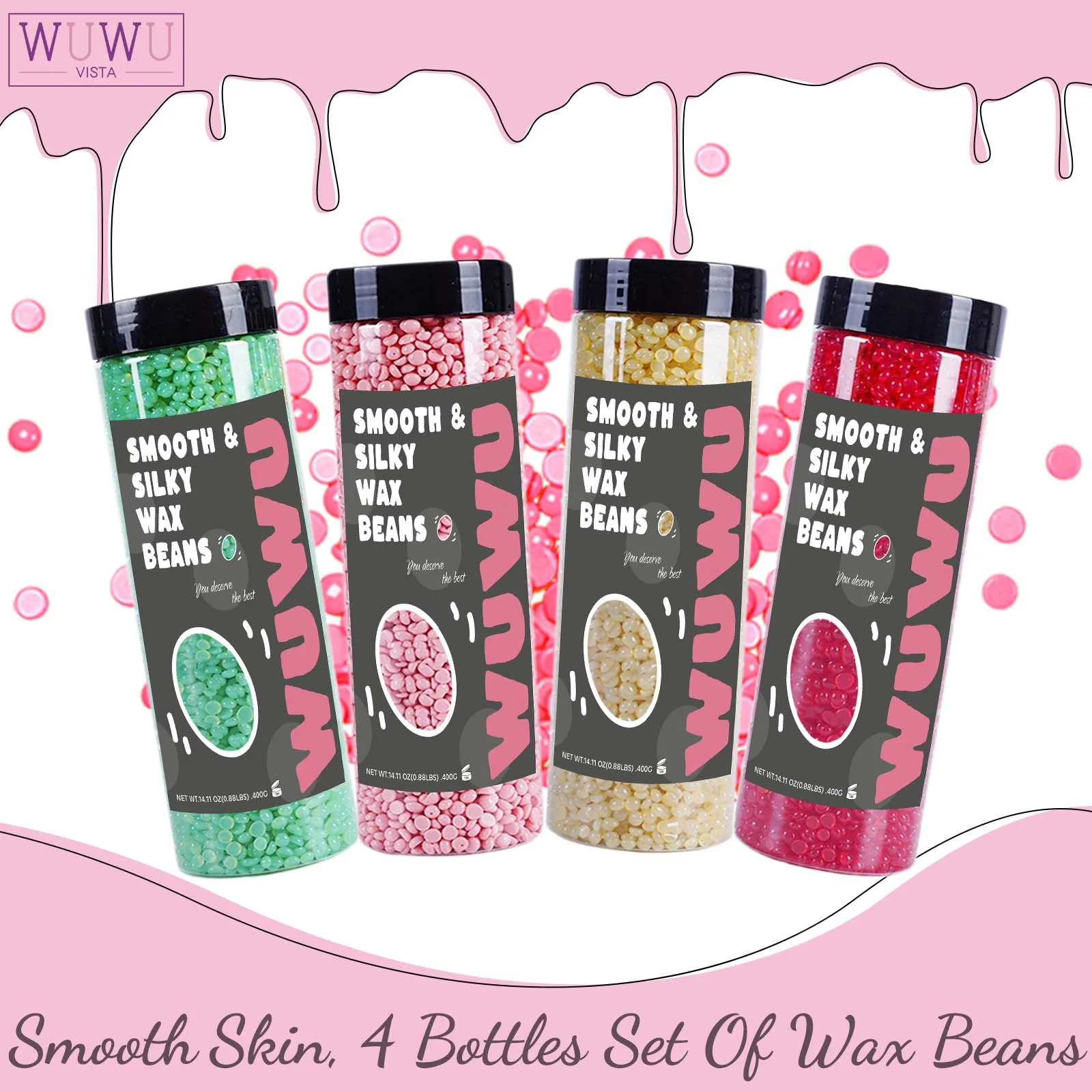 Hard Wax Beads 1600g Set 400G X 4 Bottles, WUWUVISTA Professional Wax Beans All Purpose Hair Removal Solution For Face & Body