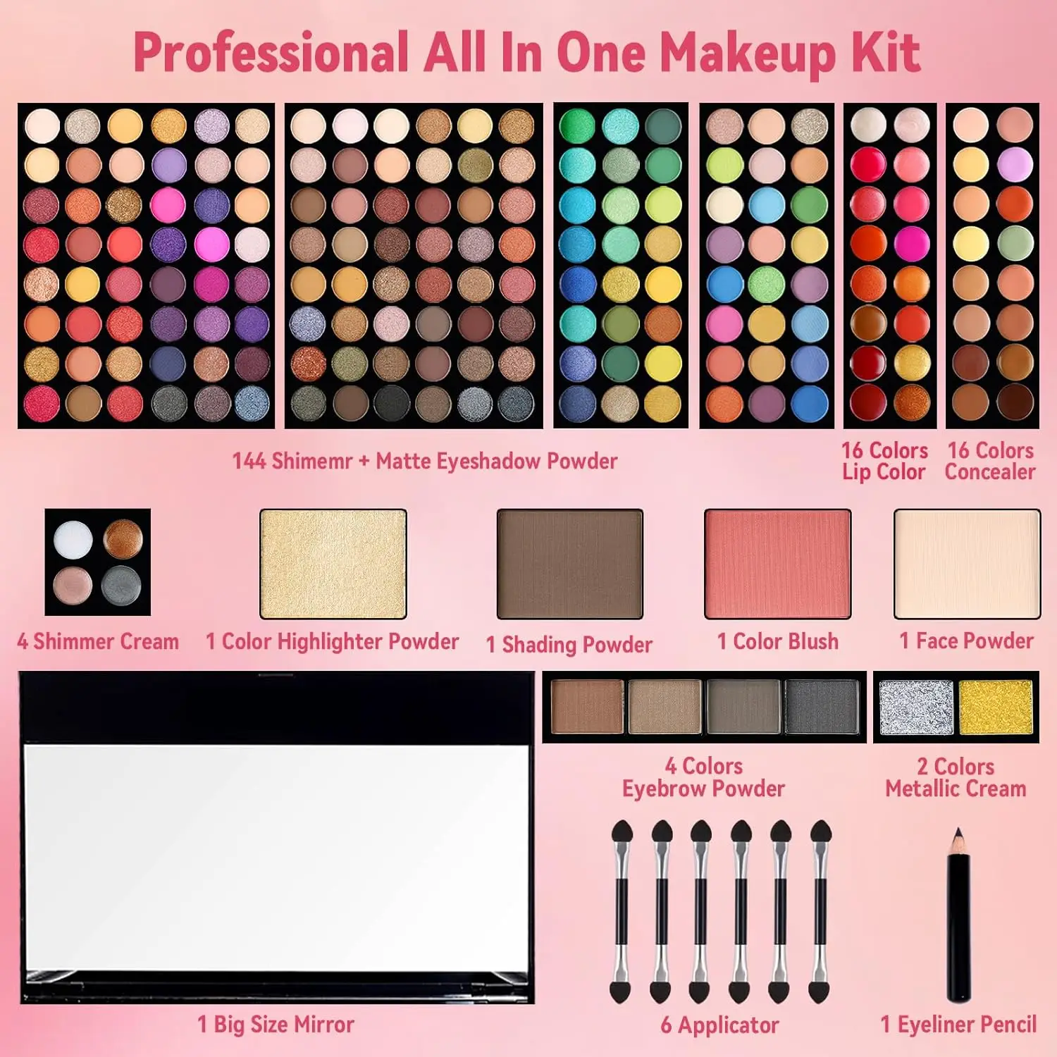 Professionelle Make-up-Palette mit 190 Farben, Lidschatten, Rouge und Augenbrauenpuder 4-in-1, wird mit Spiegel und einem kompletten Pinselset geliefert,