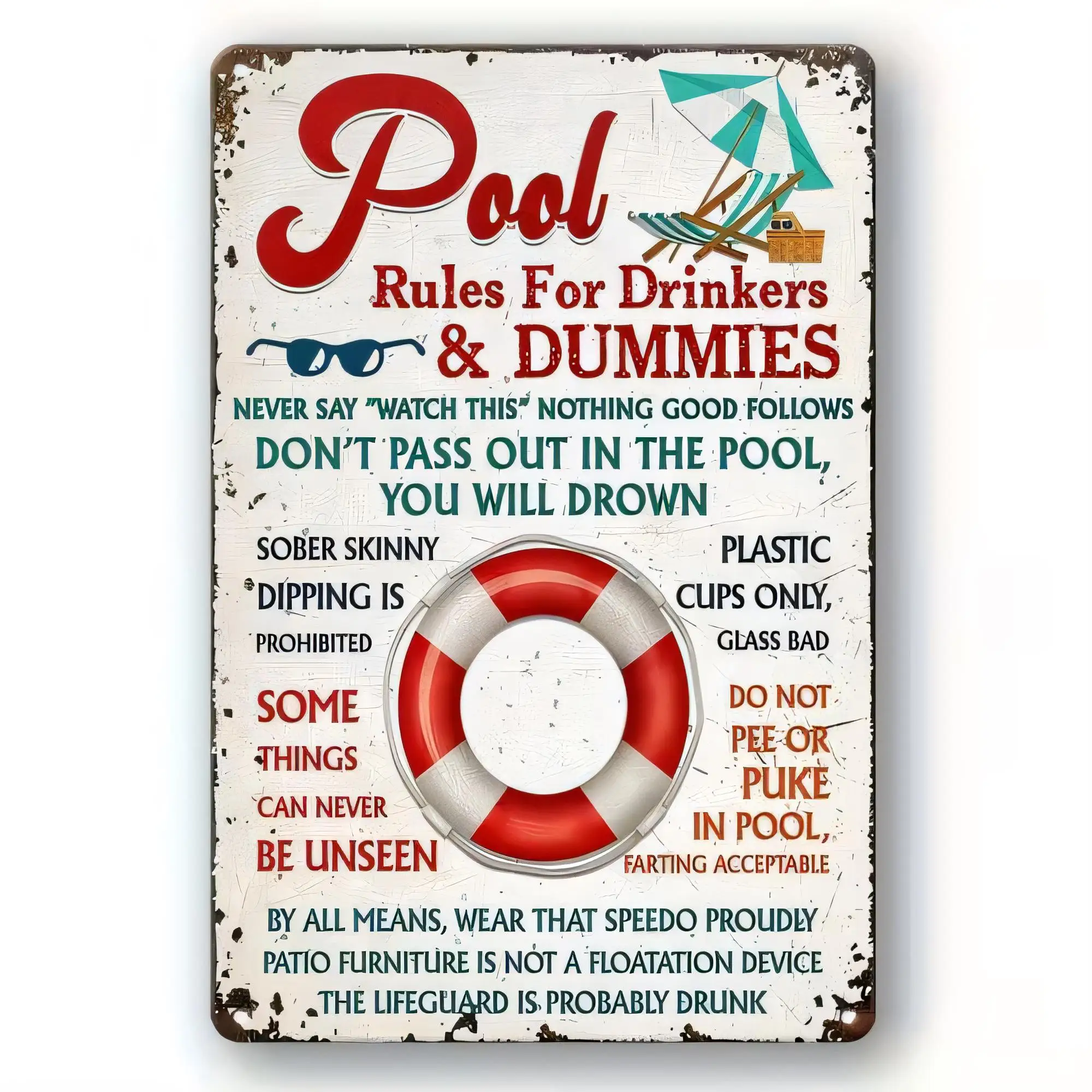 Tin Sign Pool Rules For Drinkers & Dummies Funny Vintage Metal Poster   Wall Decor for Patio Bar Garage Man Cave Humor Reminder