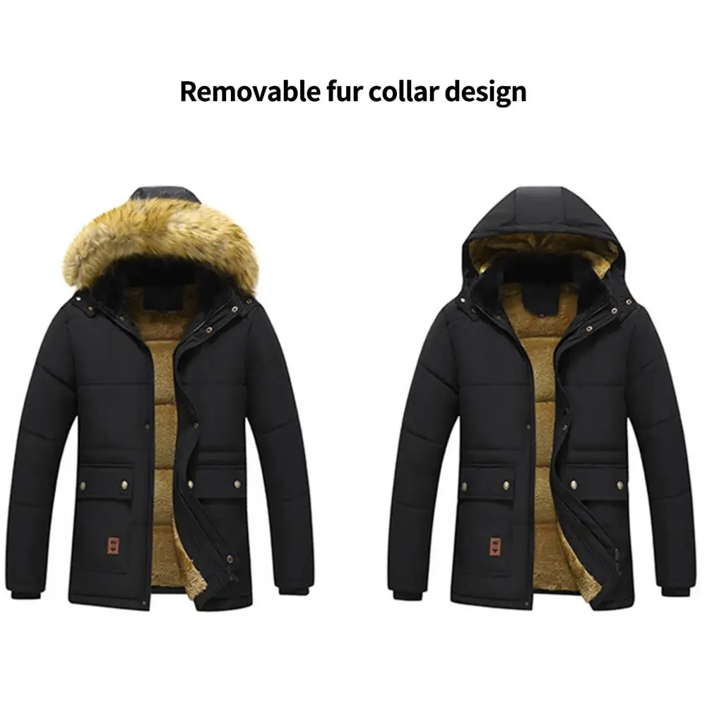 Thickened Plush Men Winter Coat Plush Solid Color Hooded Men Padded Cotton Coat Outdoor Wool Liner Hooded Jacket Snow Parkas