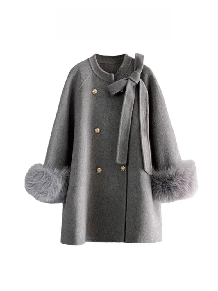 

Thiened шерстяное пальто женское осенне-зимнее модное пальто в стиле ретро с узлом на пуговицах с большим меховым воротником пальто-плащ