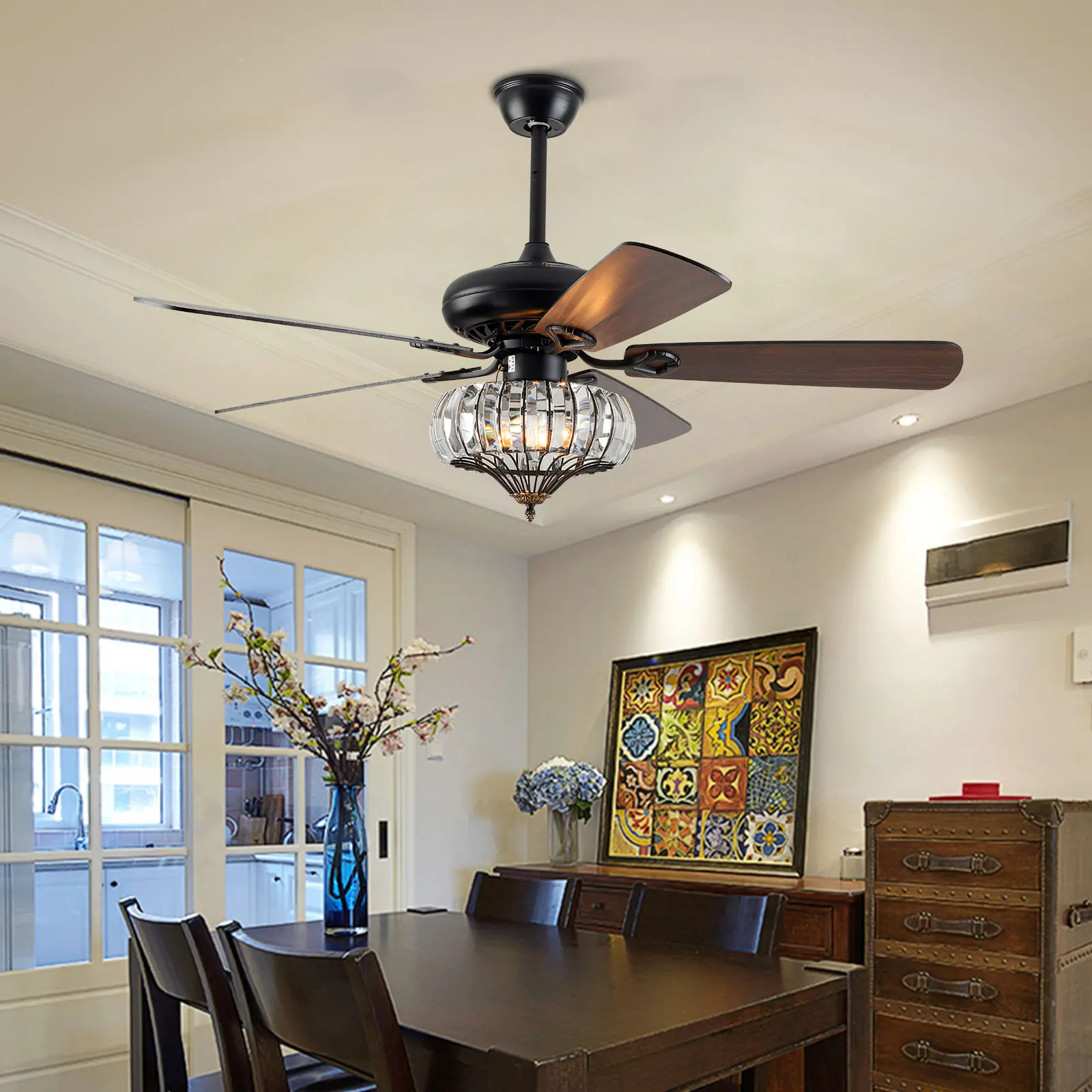 

52inch Metal Round Arched Ceiling Fan Chandelier w/ 5 Wood Blades Living Room Bedroom Office Restaurant w/ Remote control