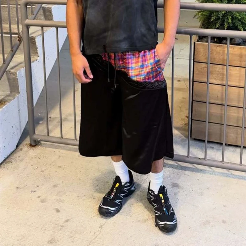 American Retro Street Millennium Style Stitching Contrast Color Check Sports Wide Legs Shorts Niche Casual Y2k Style