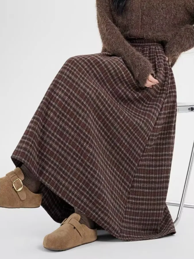 

Шерстяная юбка трапециевидной формы в клетку в стиле ретро с высокой талией, большие размеры, женская длинная универсальная юбка с эластичной резинкой на талии для похудения