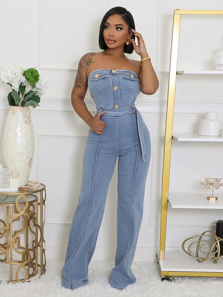 

Women Blue High Waist Hollow Out Wide Leg Pants Jeans Rompers Female Sexy Off Shoulder Backless Denim Jumpsuits Street Outwears