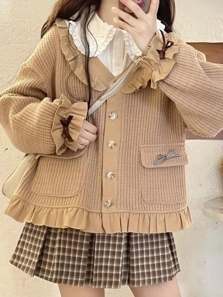 Autumn Japanese Lolita 3 Piece Set Women Peter Pan Collar Sweet Mini Skirt Suit Female Kawaii Bow Vintage Plaid Skirts Suit 2023