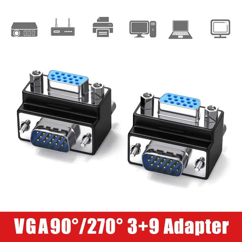 

VGA Adapter 90/270 Degree Right Angle Elbow VGA 3+9 Wire Male to Female Connector 15 pin Male to Male Female to Female Joint