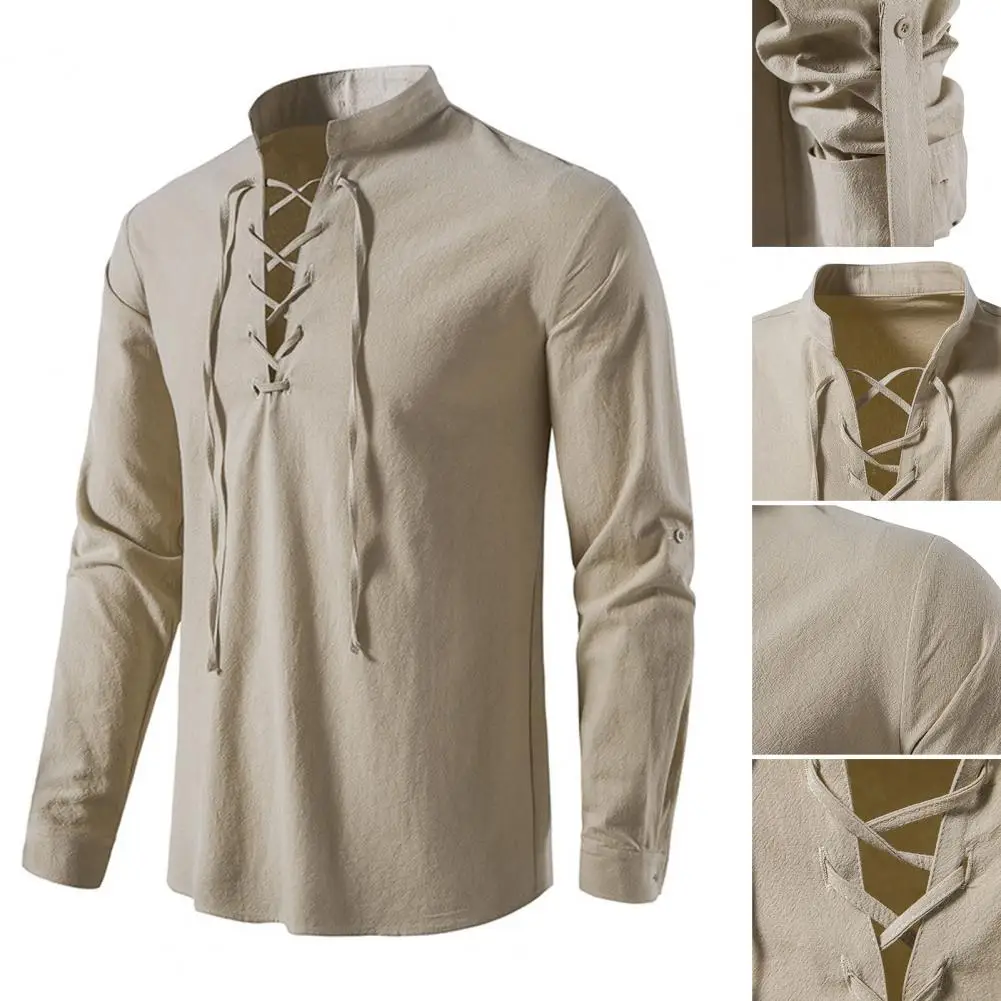 Lace-up V-neck Long Sleeve Men Shirt Skin-touching Stand Collar Solid Color Top Male Clothing