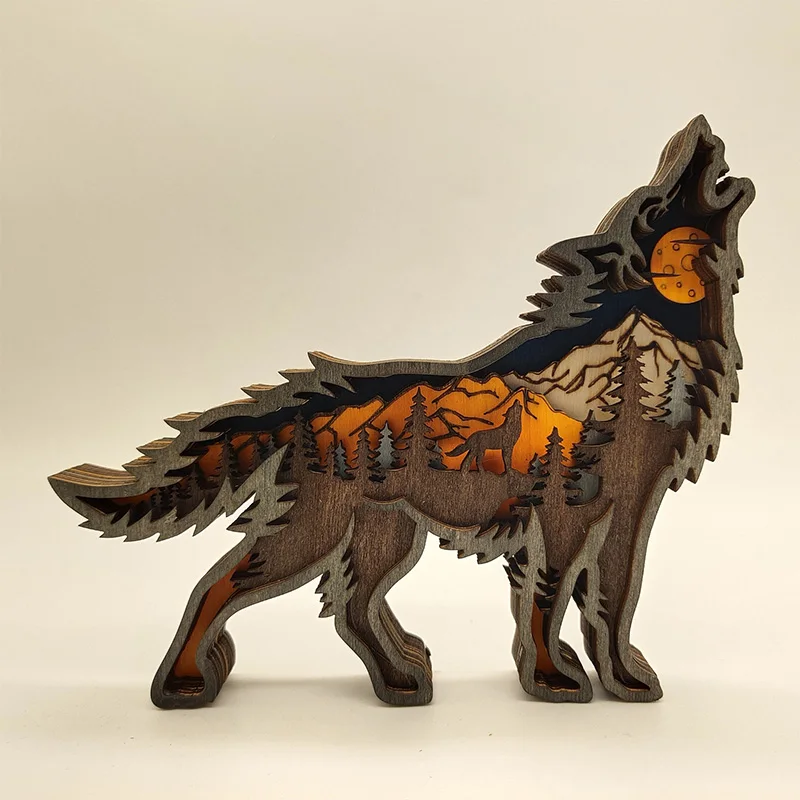 Hollow Multi-layer Christmas Creative Animal Carved Wooden Statues Handmade Animal Crafts With LED For Office Desktop Home Decor