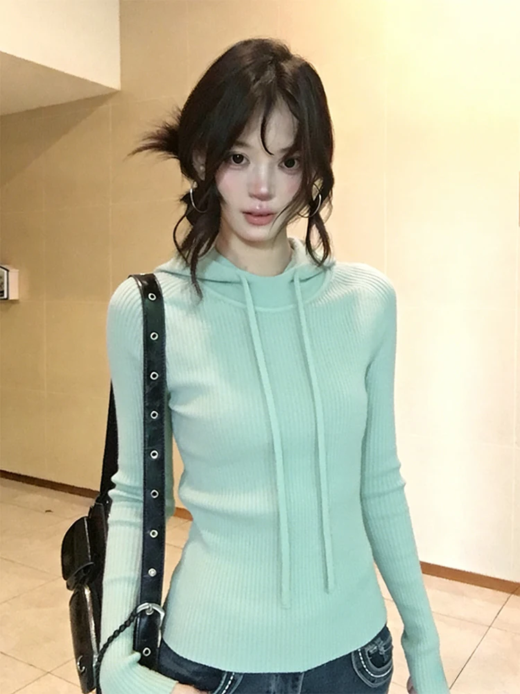 

Мятный вязаный свитер с капюшоном и завязками на талии для женщин, зимний, облегающий, базовый, с эффектом утончения, премиум-класса