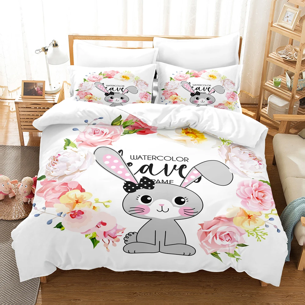 3D Printed Animal Rabbit Bedding Set Down Quilt Cover With Pillowcase Double SIngle King