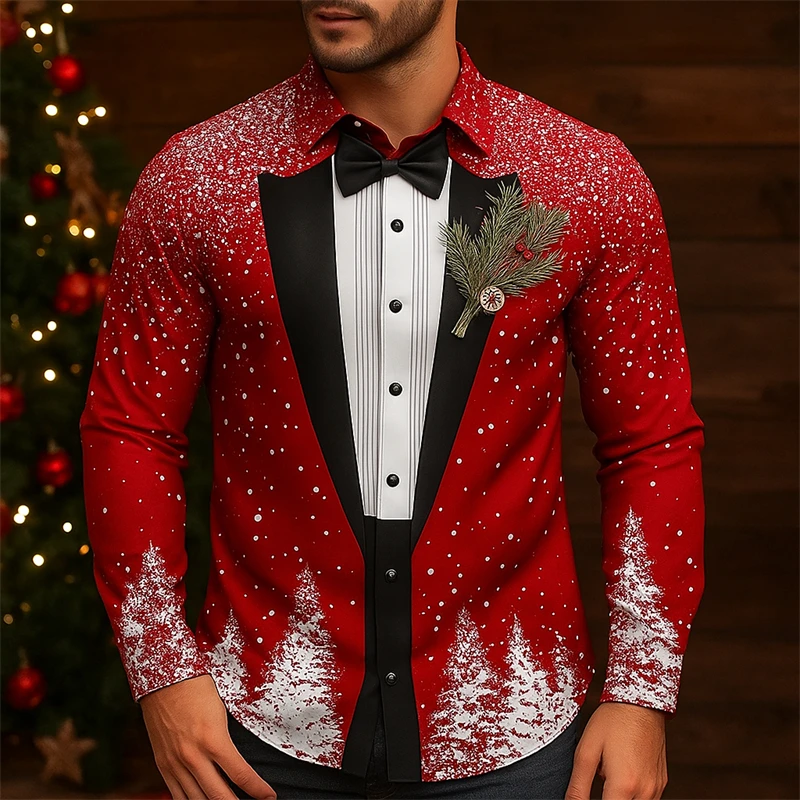 

Christmas Snowflake Formal Man Long Sleeve Shirts 3D Printed Tie Design Elegant Tuxedo Style Holiday Party Wedding Street Wear