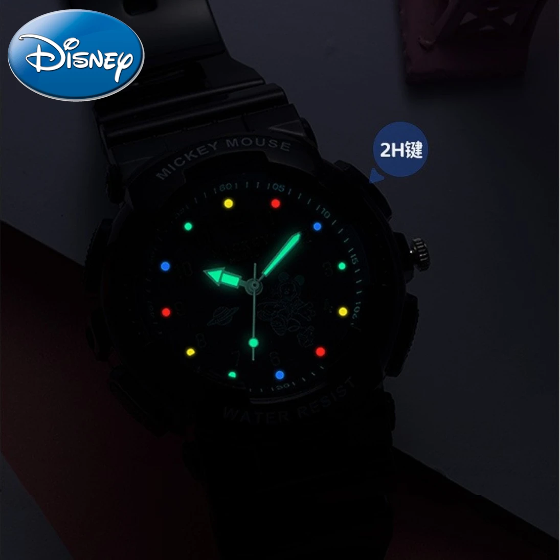 Disney Gift With Box Mickey Mouse Watch Space Colorful Flashing Lights Luminous Youth Student Quartz  Clock Relogio Masculino