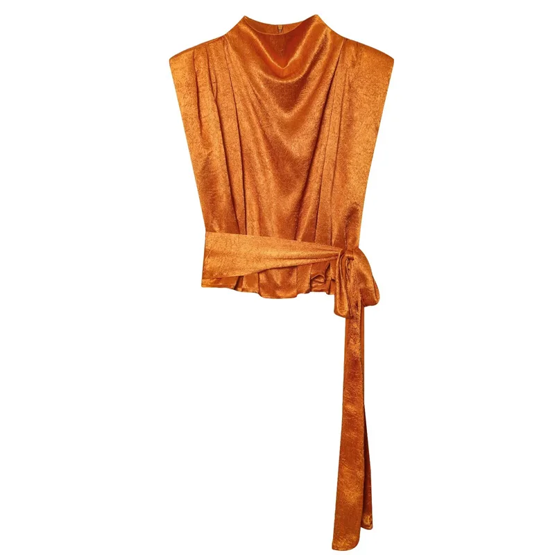 Satin Shawl Collar Sleeveless Crop Top, Women's Elegant Side-Tied Waist Shirt, Luxurious Smooth Silk-Like Tank - view 6