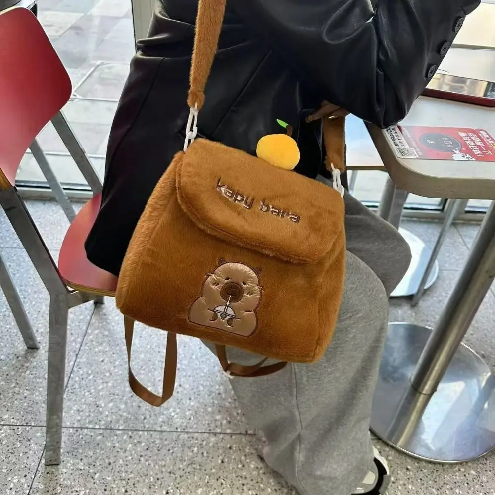 Orange Capybara Plush Backpack Collection Stuffed Shoulders Dual Use Knapsack Large Capacity Fluffy Capibala Anime Shoulder Bag