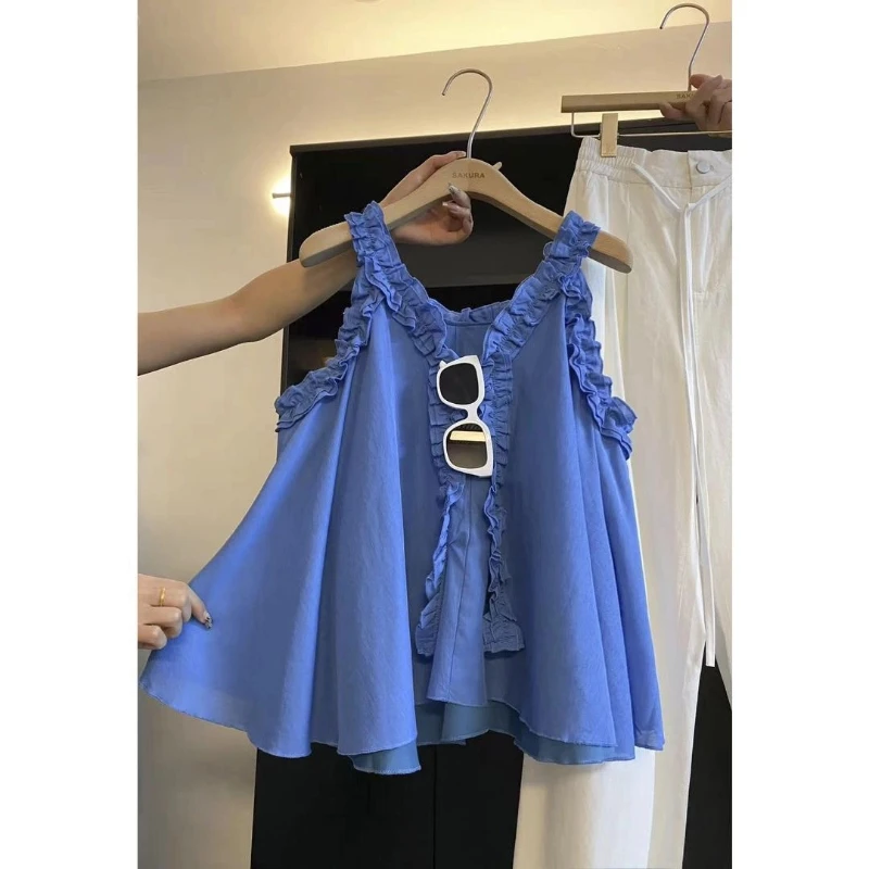 

V Neck Sweet Ruffles Patchwork Sleeveless Shirt Tops Summer New Solid Loose Pleated Korean Blouse Fashion Elegant Women Clothing