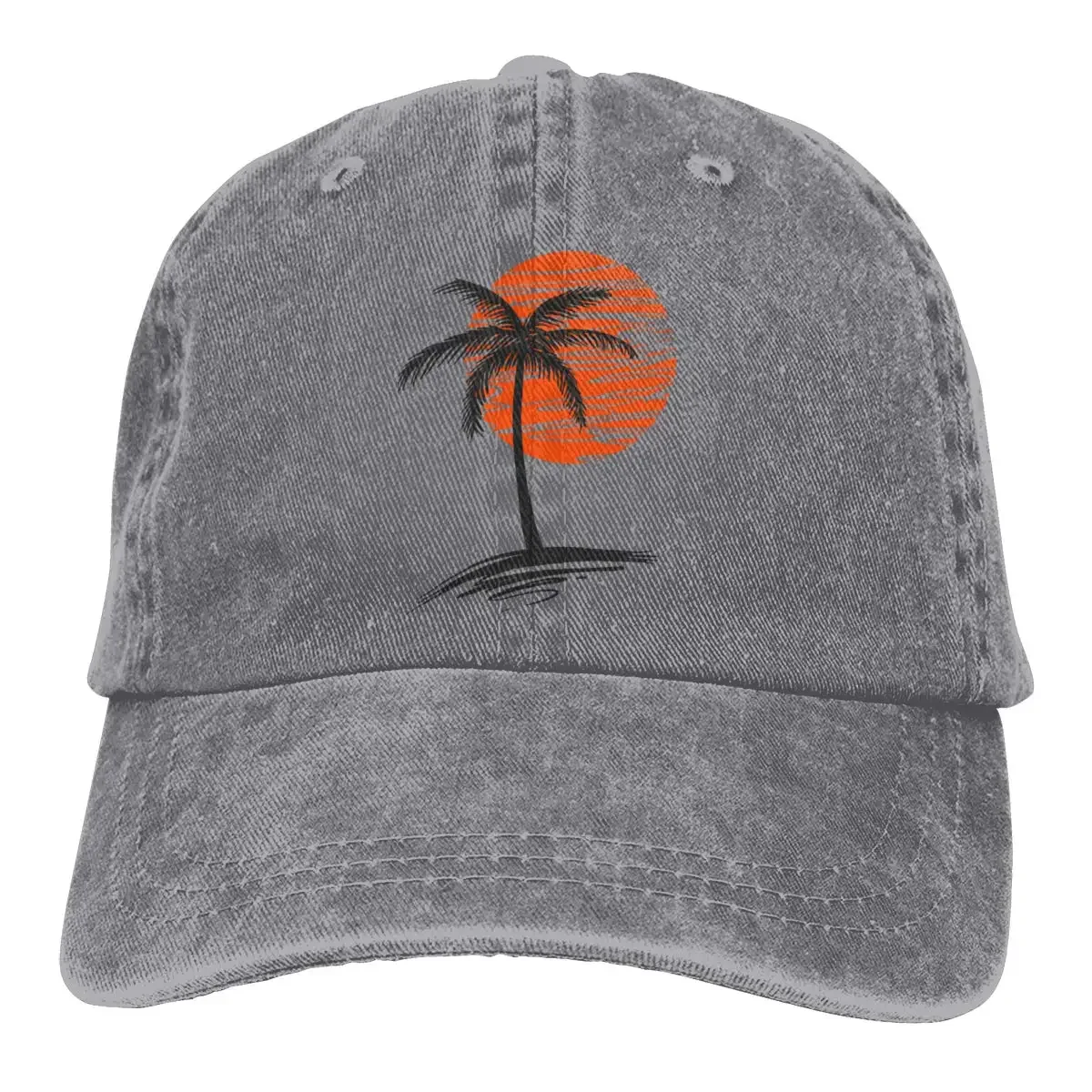 Palm Tree Baseball Caps Summer Aloha Beaches Outdoor Adjustable Denim Dad Hat (Palm Tree Sunset Grey, one Size)