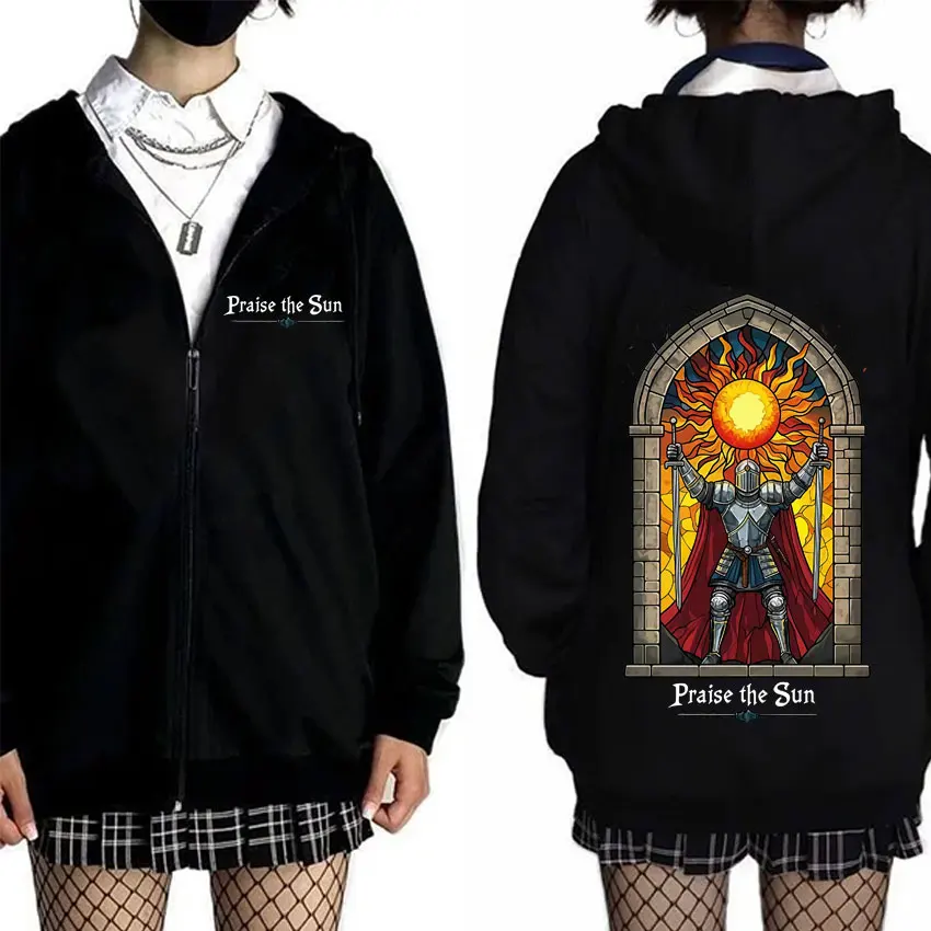 

Game Dark Souls Praise The Sun Graphic Zipper Hoodie Men Women Retro Gothic Rock Zip Up Jacket Men's Casual Oversized Hoodies