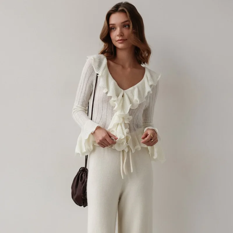 

Tuularose модный кардиган с рюшами женский новый рюшами на шнуровке в стиле пэчворк тонкие свитера весенние повседневные женские джемперы с v-образным вырезом