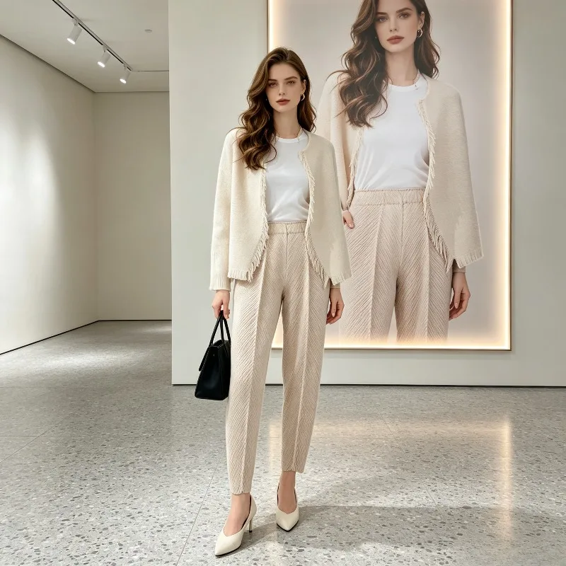 Miyake Pleated 2026 Summer Pants for Women Fish Scale Pleats Elastic Waist Nine-Point Pants Versatile Casual Straight Pants