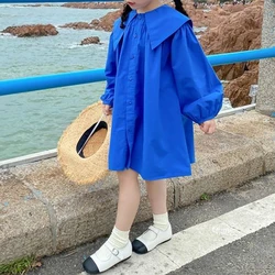 Spring Autumn Pure Cotton Kawaii Solid Girls Dress Long-Sleeved Dress Kids Princess Sweet Vestidos Cute Chic Children's Clothes