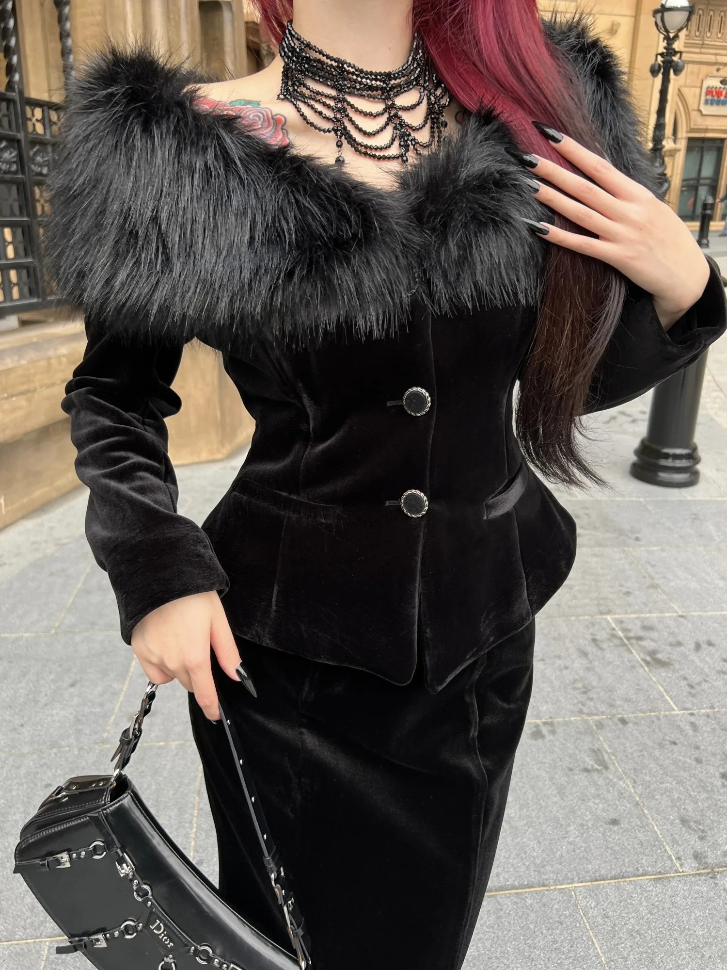 Autumn Dark Black Skirt Set Big Hairy Fluffy Collar Slim Jacket and Trumpet Long Skirt Suit Mobwife Vintage Gothic Set Winter