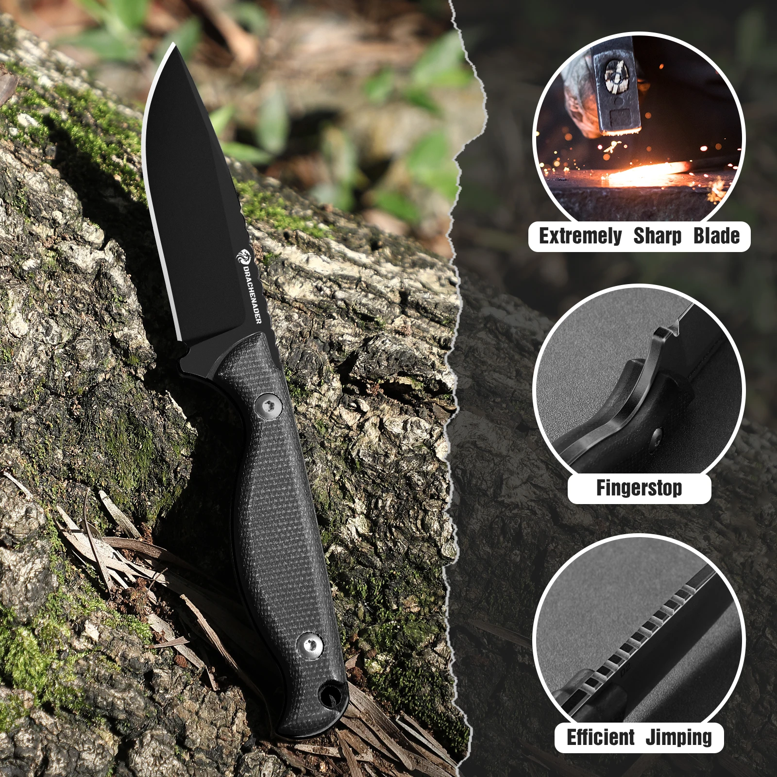 Tactical Fixed Blade Knife, 8Cr13Mov Full Tang Hunting Knife with Kydex Sheath, EDC Knife for camping & Outdoor Use