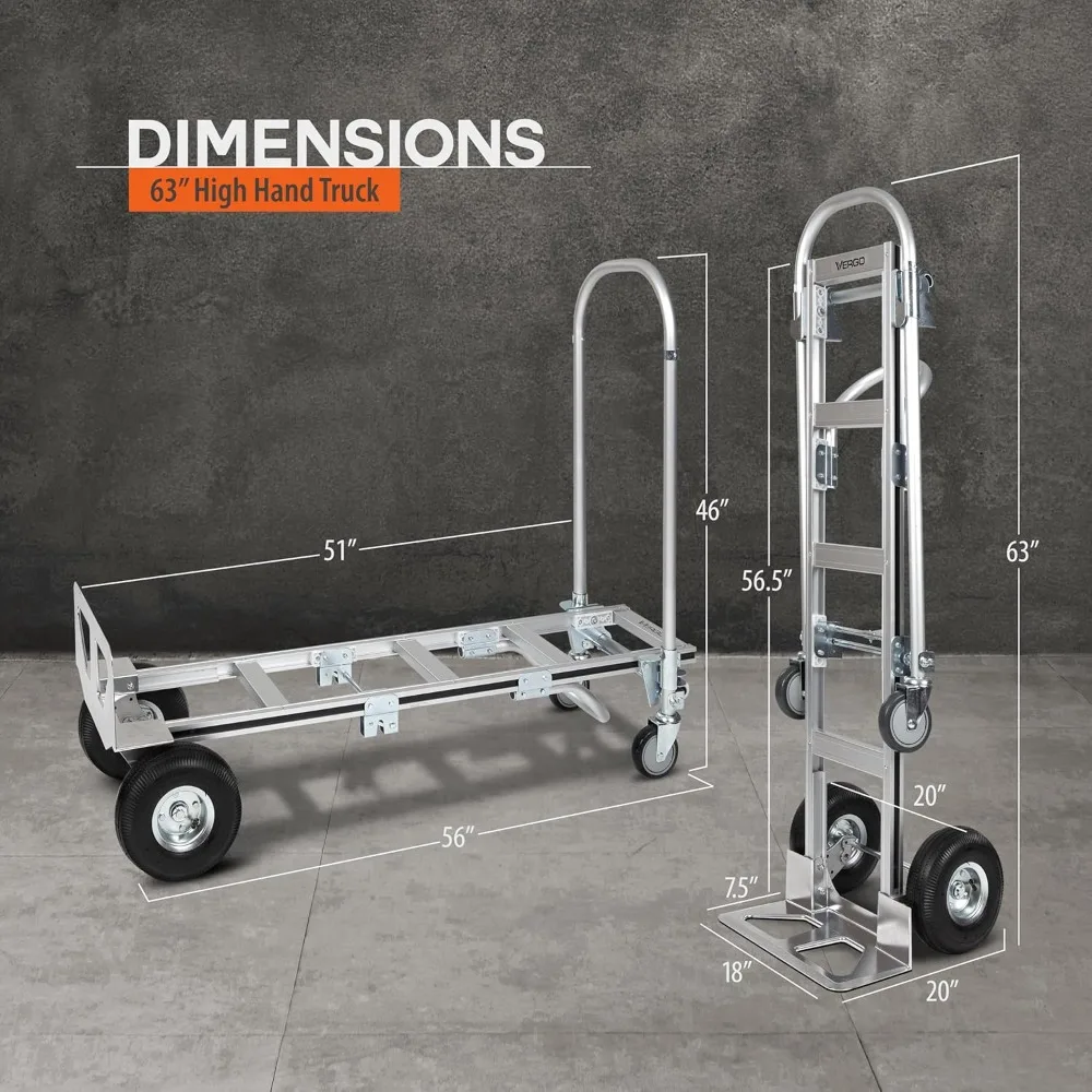 

Industrial Convertible Hand Truck - AS7B Heavy Duty Aluminum 2 in 1 Dolly (800 lb Capacity) Lightweight Reinforced Frame
