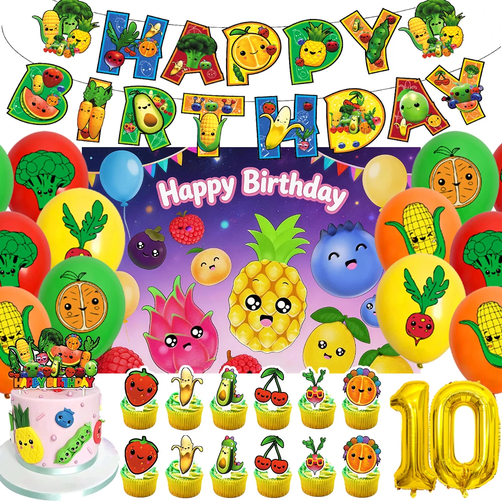 Obst- und Gemüse-Themen-Hintergrund Geburtstagsparty-Dekorationsset Ballon-Set Tortendekoration Kulisse Babyparty-Spielzeug Zubehör Kindergeschenk