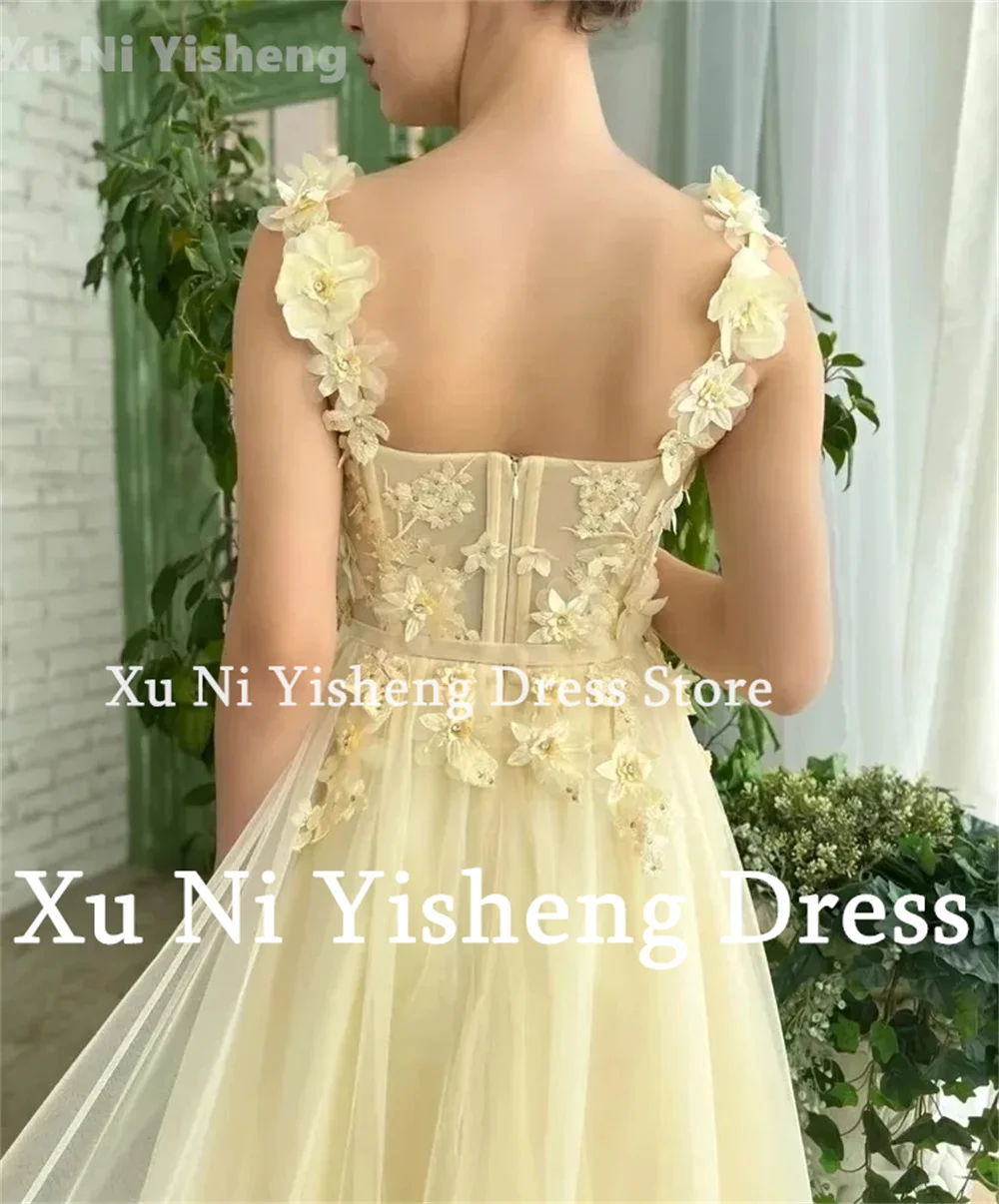 2024 New Prom Dress Slip Straps Light Yellow Wedding Dress A-Line Tulle Flowers Appliques Bridal Gown Formal Evening Party Dress