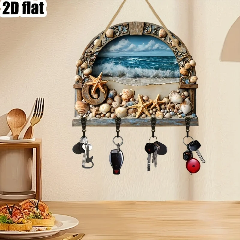 2D flat wooden key rack with an ocean theme and beach scene art design - measuring 29.97 x 24.89 centimeters,