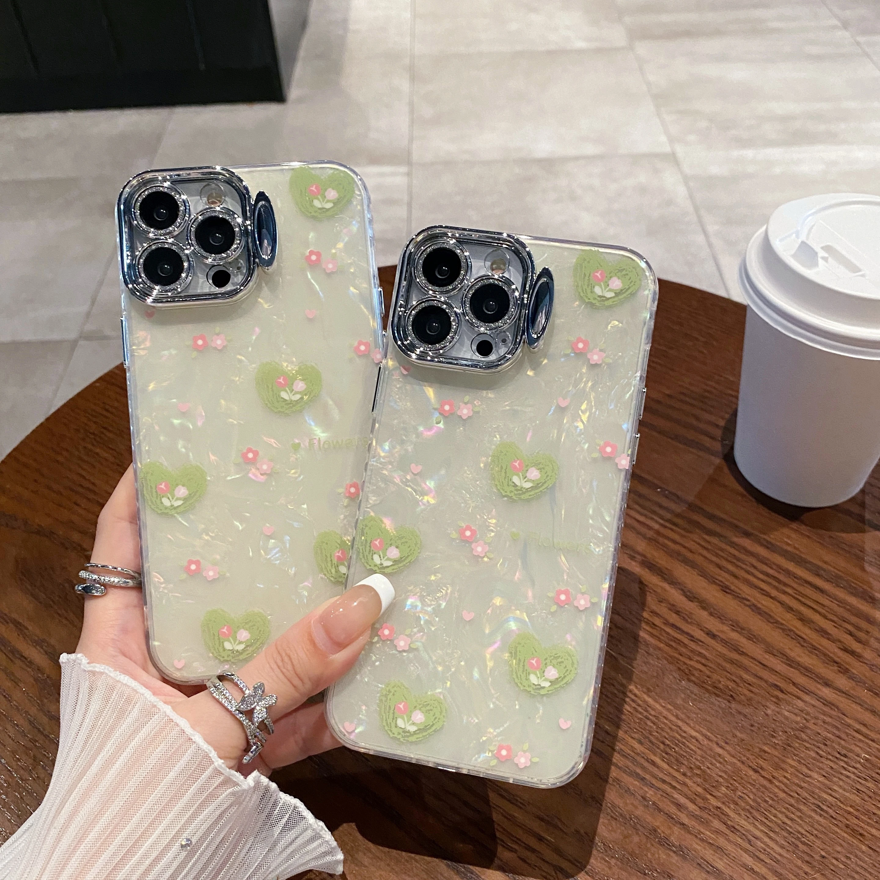 Love Flower with Holder Glitter Camera Protective Hard Acrylic Shockproof Phone Case For IPhone 11 12 13 14 Plus 15 ProMax Cover