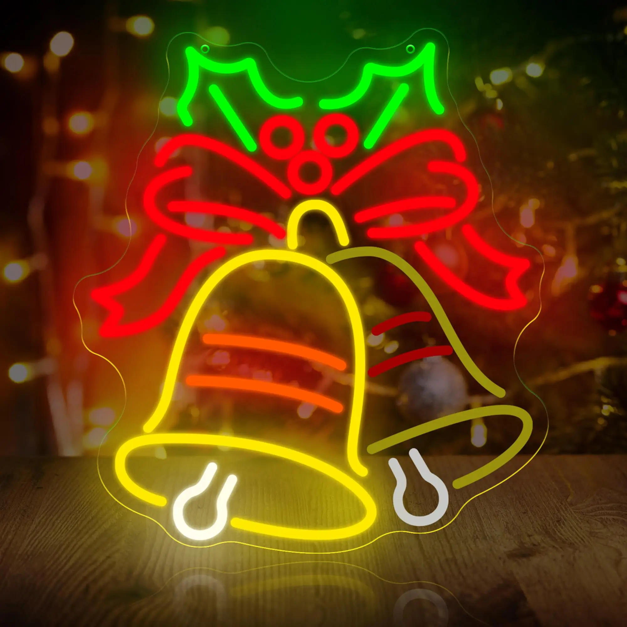جرس عيد الميلاد النيون علامة وامض LED عطلة القوس الأحمر والأجراس جدار ديكور فني لحفلة عيد الميلاد احتفالية ديكور المنزل