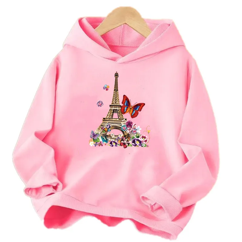 Fashion Girl Butterfly Paris Eiffel Tower Print Hoodies Autumn And Winter Thin Streetwear Long-sleeved Pullovers