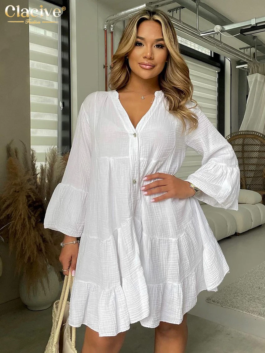 

Clacive Casual Loose White Cotton Women's Dress 2025 Fashion O-Neck Long Sleeve Mini Dresses Elegant Classic Solid Female Dress