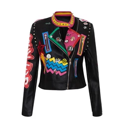 Motorcycle Jacket Graffiti Woman's Biker Coat Rivet Decoration Leather Jacket PU Material Punk Jacket Rock Biker Clothes S-XXXL