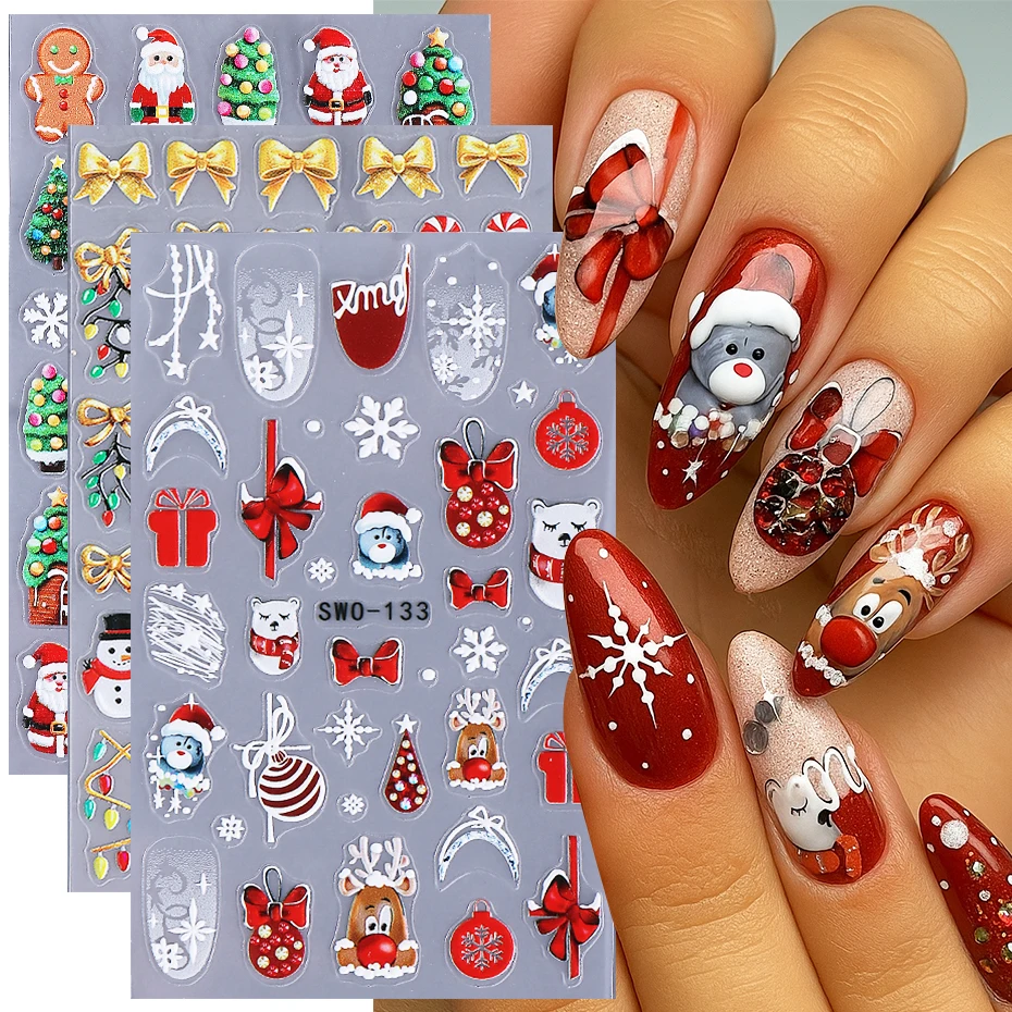 3pcs 양각 크리스마스 네일 스티커 귀여운 눈사람 눈송이 산타 클로스 활 네일 데칼 가을 겨울 네일 용품 장식