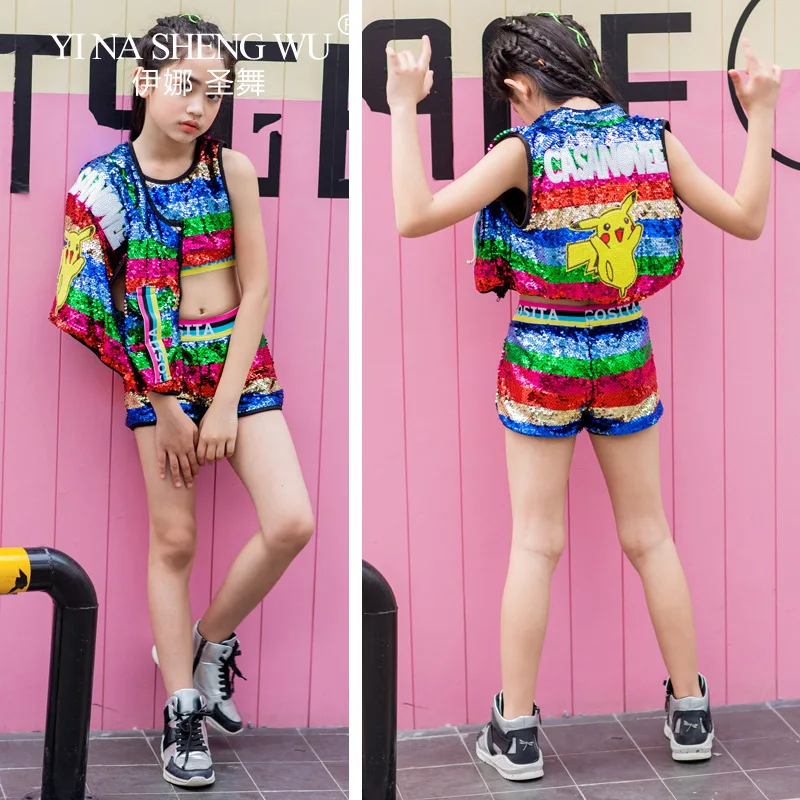

Jazz Dance Costume Girls Colorful Sequins Crop Top Shorts Jacket Hip Hop Clothes Children's Day Stage Dance Performance Costume