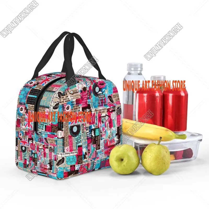 Retro Uk London British Collage Insulated Lunch Bag for Outdoor Picnic Resuable Cooler Thermal Lunch Box Women Kids