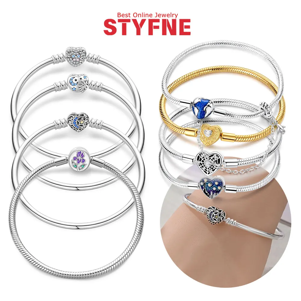Original S925 Silber Charm-Armband Goldenes Herz Stern Zirkon Armreif 17-20cm Verstellbare Schlangenkette Damen Valentinstag Schmuck Geschenk