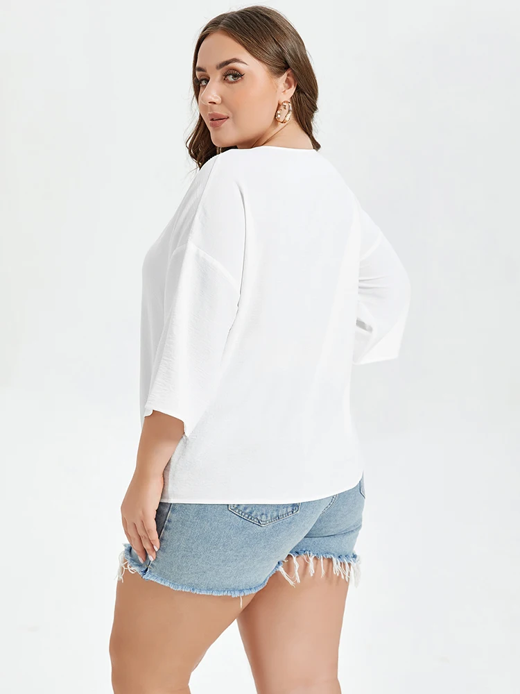 Plus Sized Clothing Solid Studded Detail Blouse Women V-Neck Drop Shoulder White Chiffon Blouse Shirt Women Tops Blouses