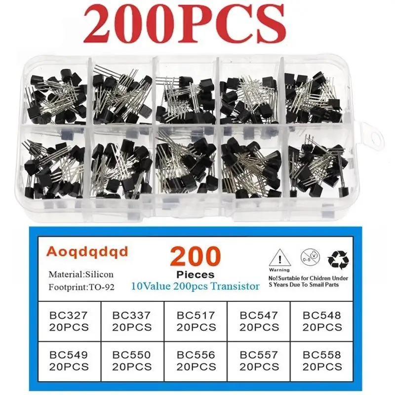 200Pcs TO-92 Transistor Kit 10 Types NPN PNP Bipolar Transistor Assortment For DIY Circuit Project Electronic Experiment Repair