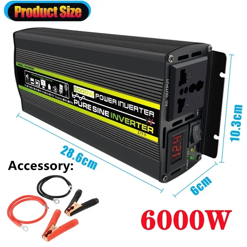 6000W DC12/24V a AC 220V inversor de potencia de onda sinusoidal pura transformador de voltaje convertidor pantalla Digital coche hogar al aire libre 50/60hz