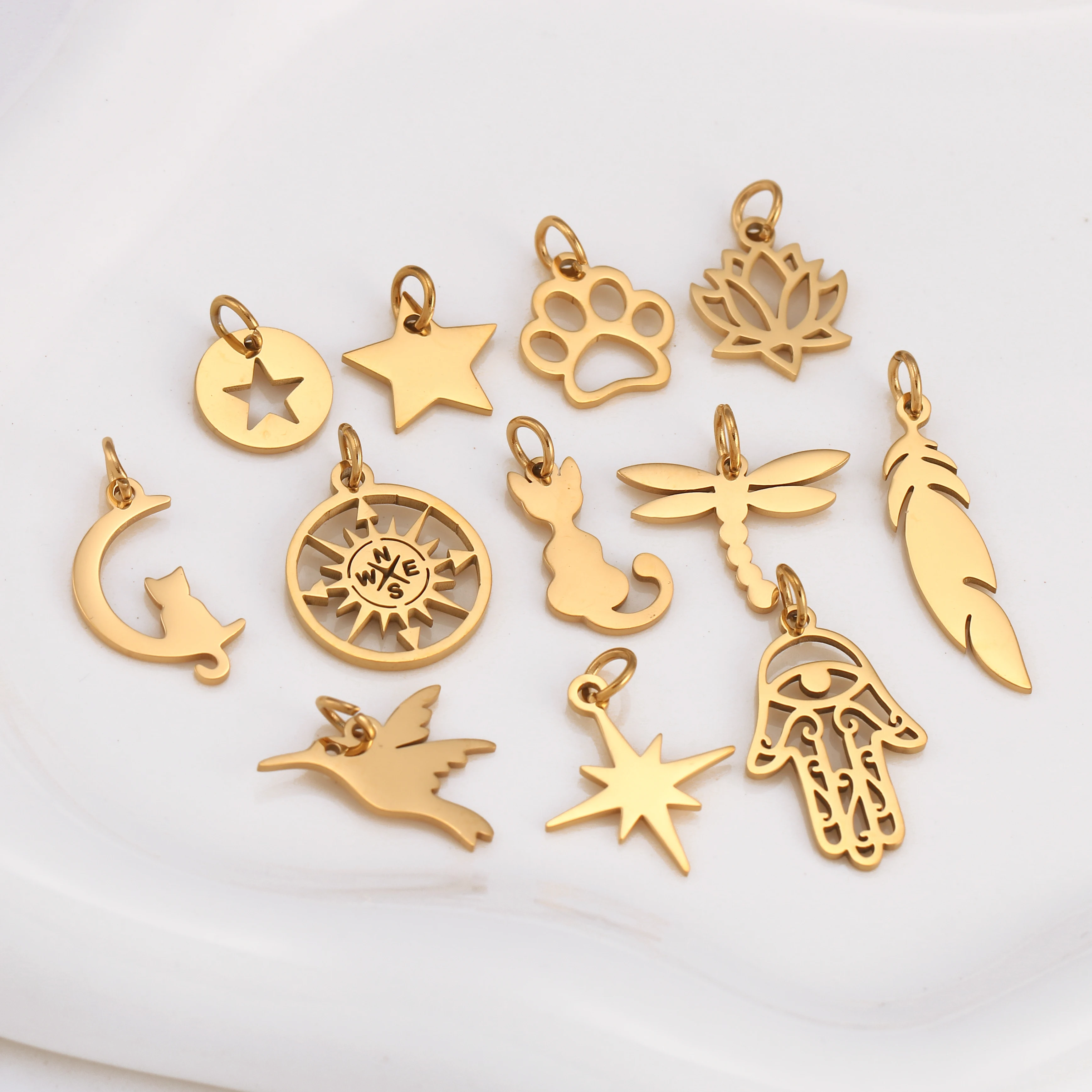5Pcs/Lot Cat/Devil\'s Eye/Compass/Puppy Paw Footprint Charms With Jump Ring Stainless Steel Pendants for DIY Jewelry Craft Making