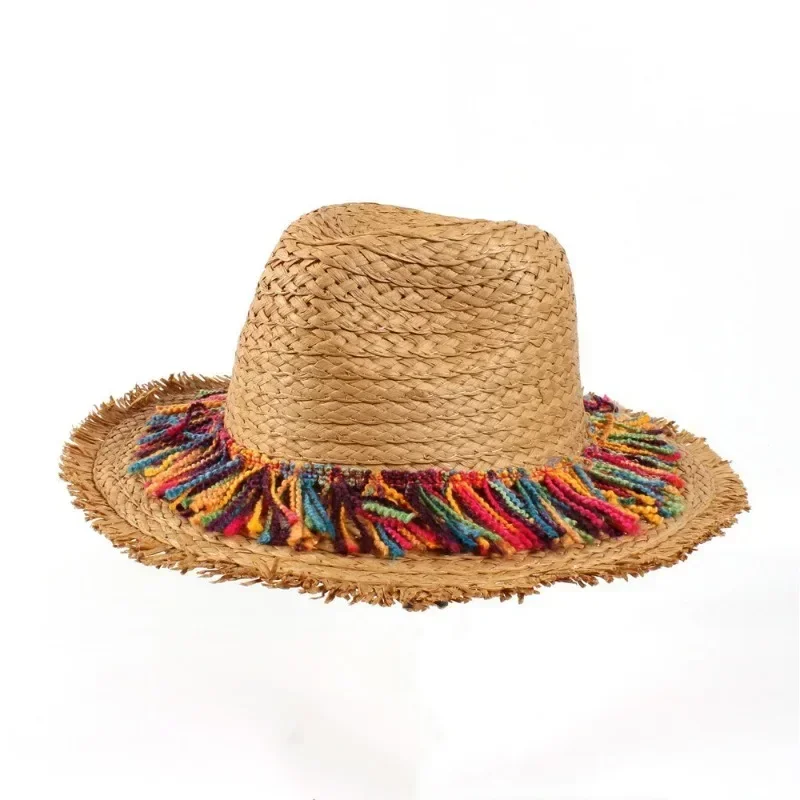 Girl\'s Fashion Gifts MultiColored Tassel Grass Hat for Sun Shading Sun Protection Breathable Weaving Wide Brim Grass Hat Gifts