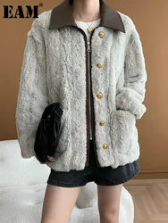 [EAM] Gray Leather Collar Big Size Faux Fur Jacket New Lapel Long Sleeve Women Coat Fashion Tide Autumn Winter 2024 1DH6744