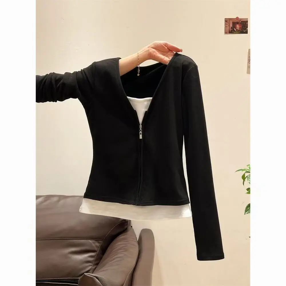 Korean Style Slim Fit Long Sleeve Top Casual Sporty Design False Two-Piece Women's Fashion Polyester Fabric Splice Process
