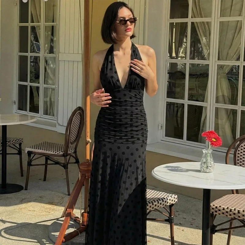 

Typhaland Polka Dots Mesh Maxi Dress Female 2026 Spring New Sexy Deep V neck Halter Dress Backless Lace Up Female Slim Dress