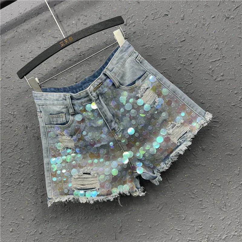 Summer New High Waist A- line Wide Leg Pants Fashionable Sequins Raw Hem Ripped Korean Style Slimming Denim Shorts for Women